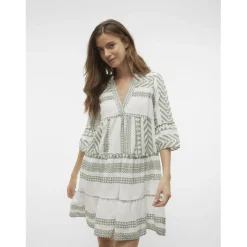 Robe courte tunique court col en v manches larges manches 3/4 blanc Pia