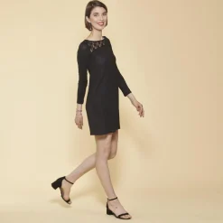 Robe courte évasée manches longues guipure et ouverture dos femme - Noir
