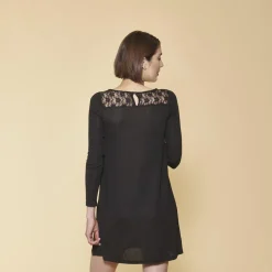 Robe courte évasée manches longues guipure et ouverture dos femme - Noir