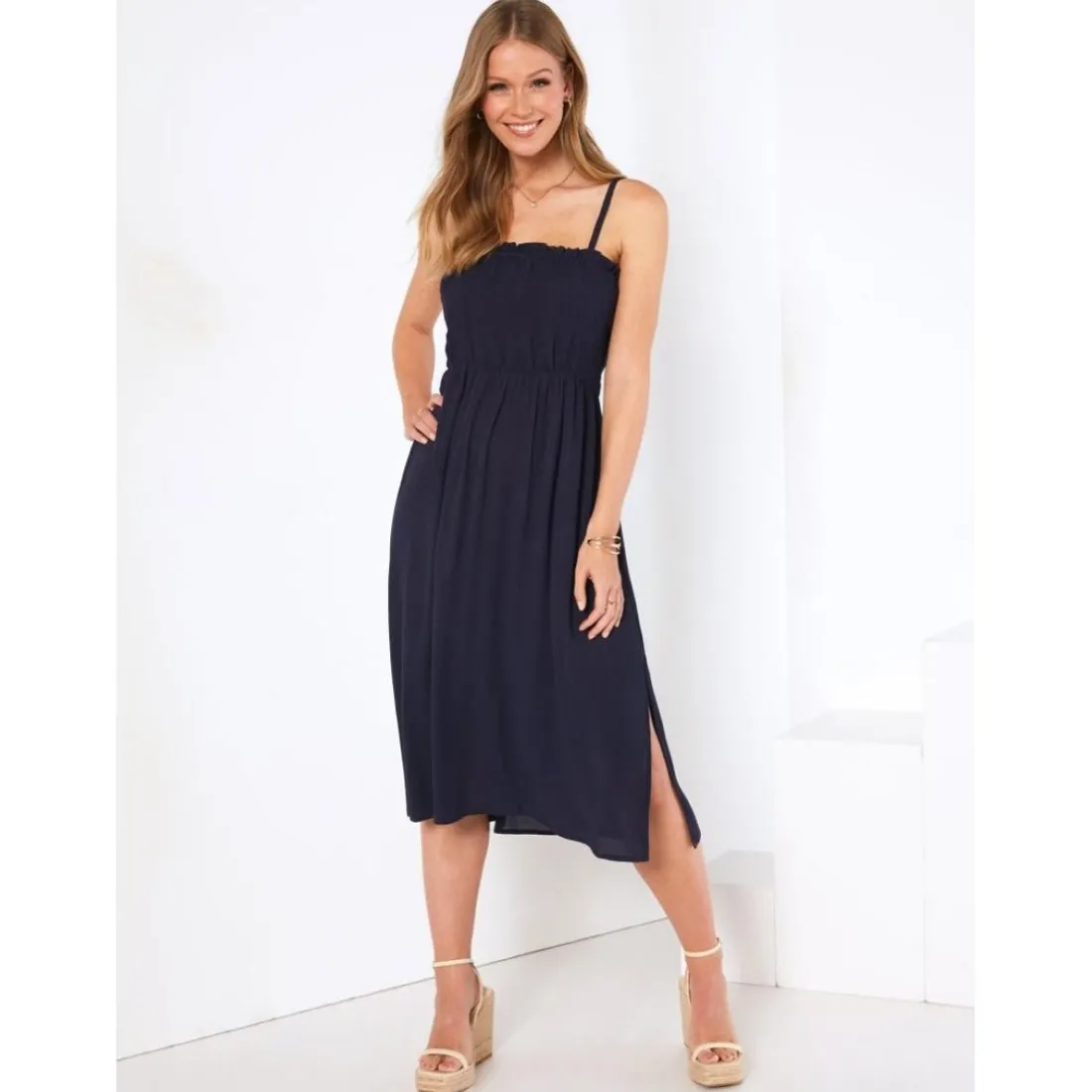 Robe en crêpe bambula à bretelles réglables bleu marine