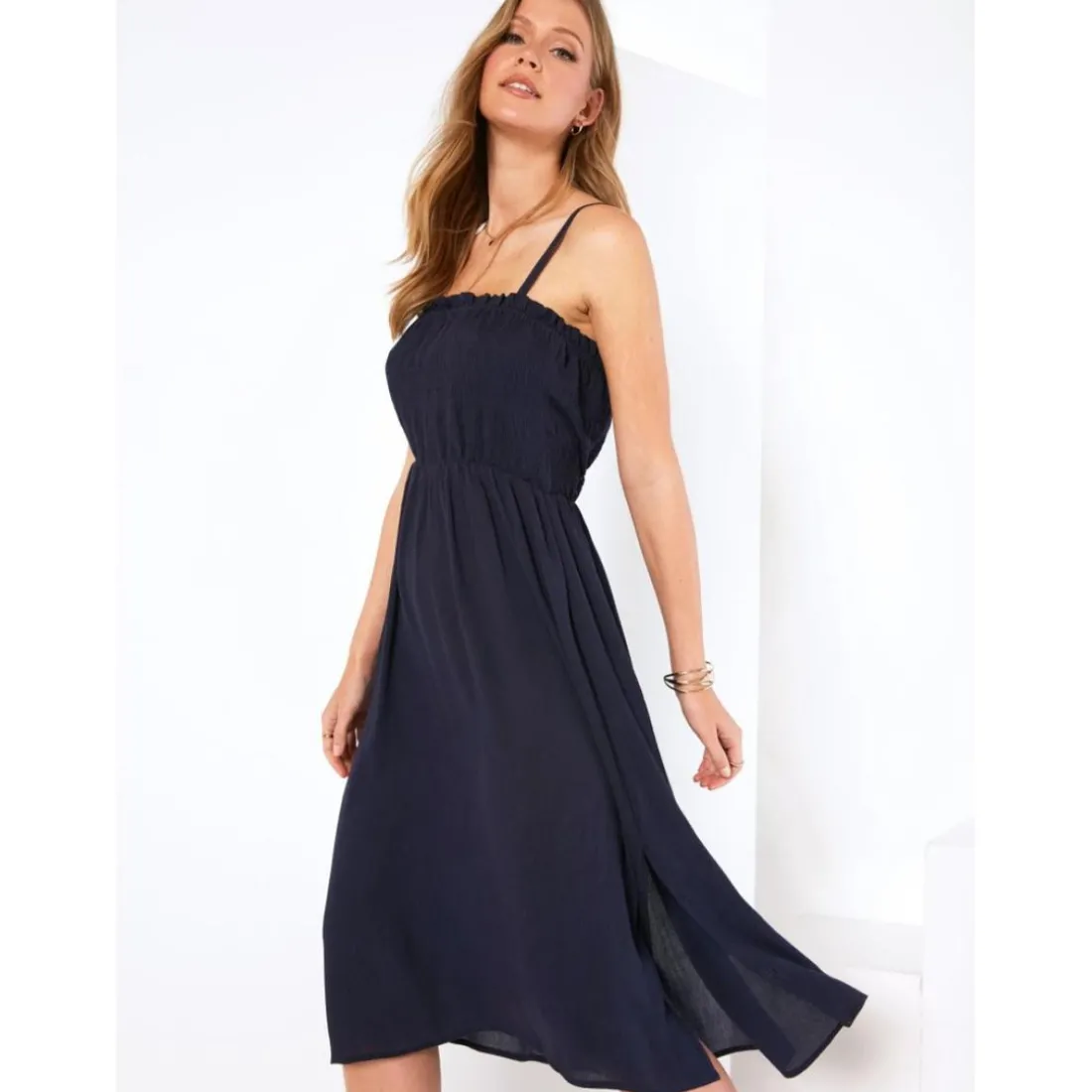 Robe en crêpe bambula à bretelles réglables bleu marine