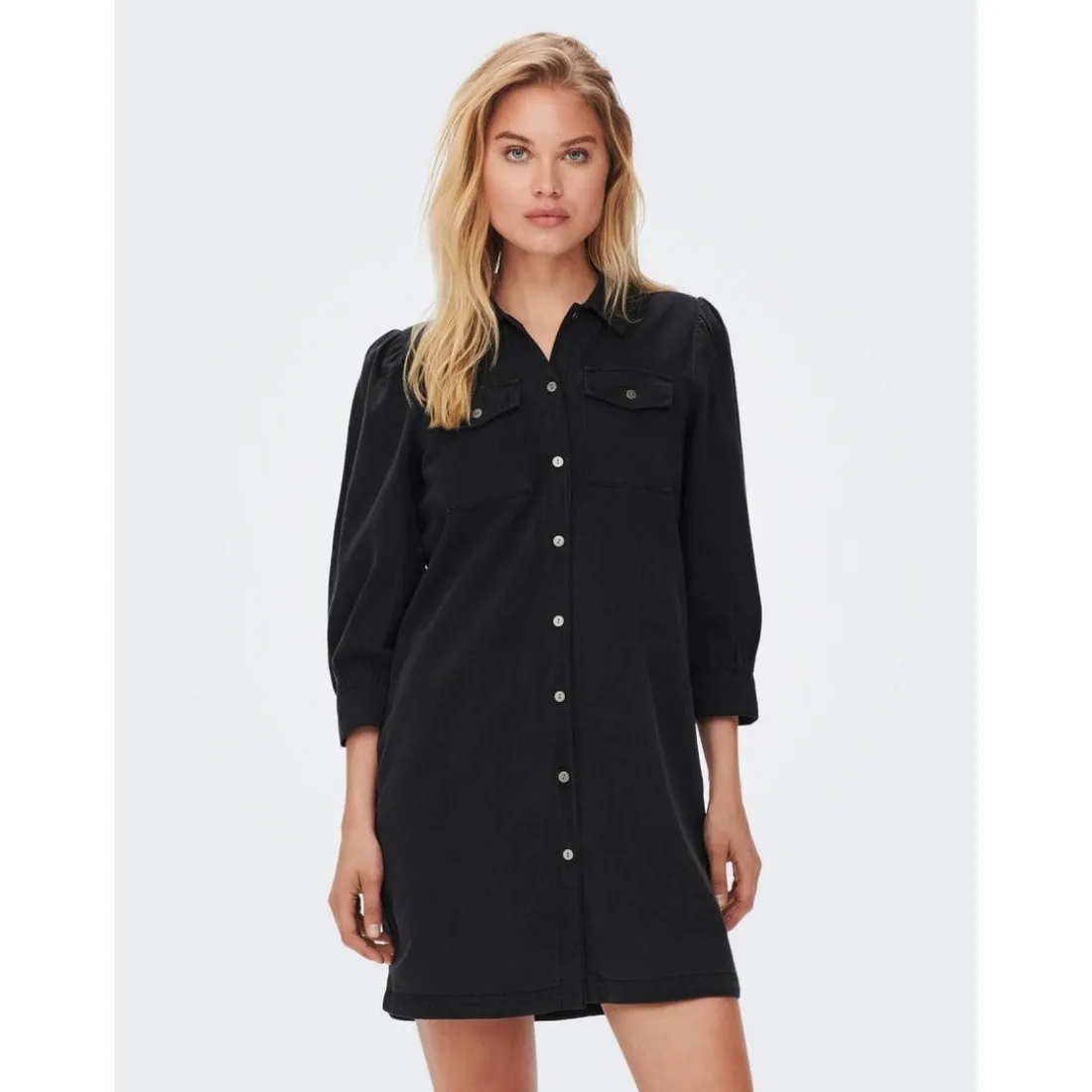 Robe en denim Col chemise Manches longues Au-dessus du genou noir