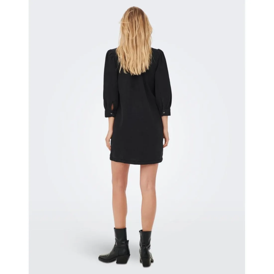 Robe en denim Col chemise Manches longues Au-dessus du genou noir