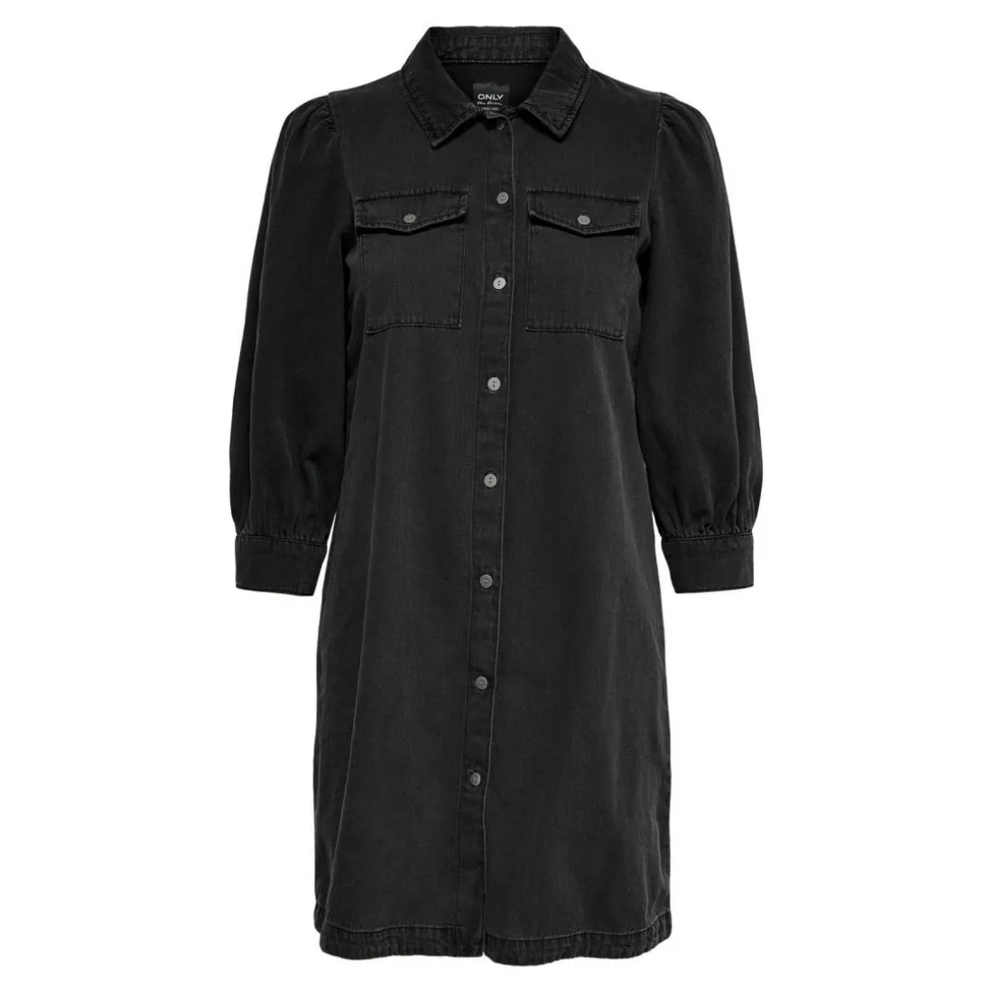 Robe en denim Col chemise Manches longues Au-dessus du genou noir