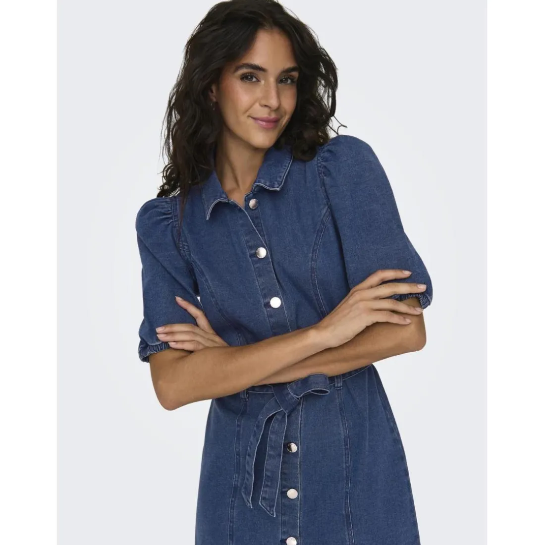 Robe en denim fermeture par bouton manches courtes bleu Joy