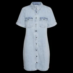 Robe en denim fermeture par bouton court col chemise manches avec revers manches courtes bleu Sam