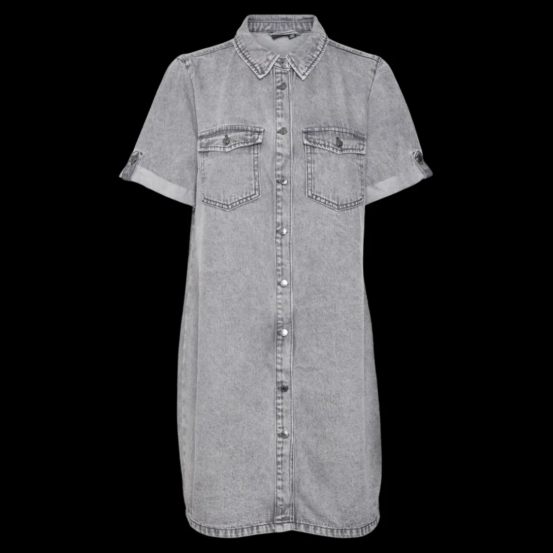 Robe en denim fermeture par bouton court col chemise manches avec revers manches courtes gris Bella