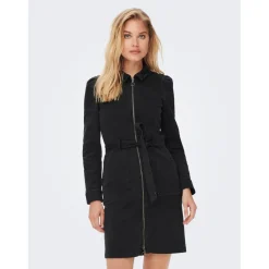 Robe en denim Manches longues Ceinture accentuant la taille Au-dessus du genou noir
