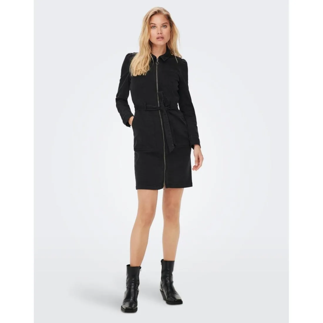 Robe en denim Manches longues Ceinture accentuant la taille Au-dessus du genou noir