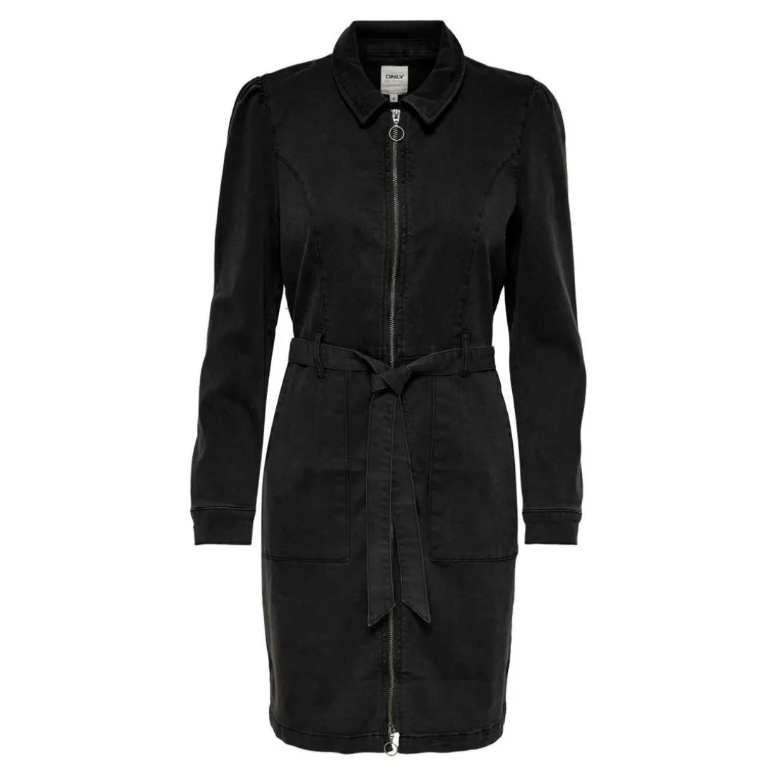 Robe en denim Manches longues Ceinture accentuant la taille Au-dessus du genou noir