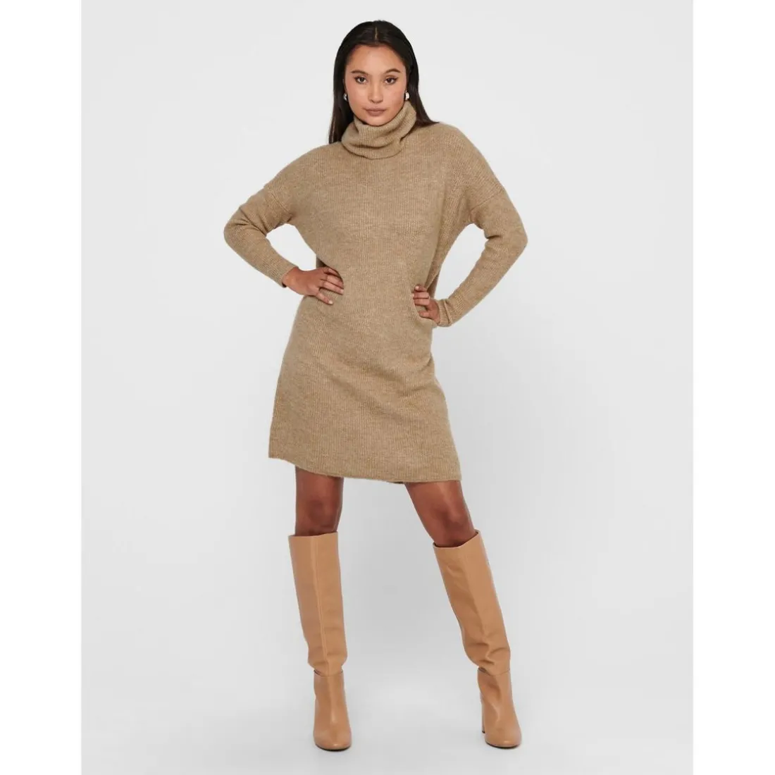 Robe en maille Col bénitier Manches 3/4 Au-dessus du genou marron