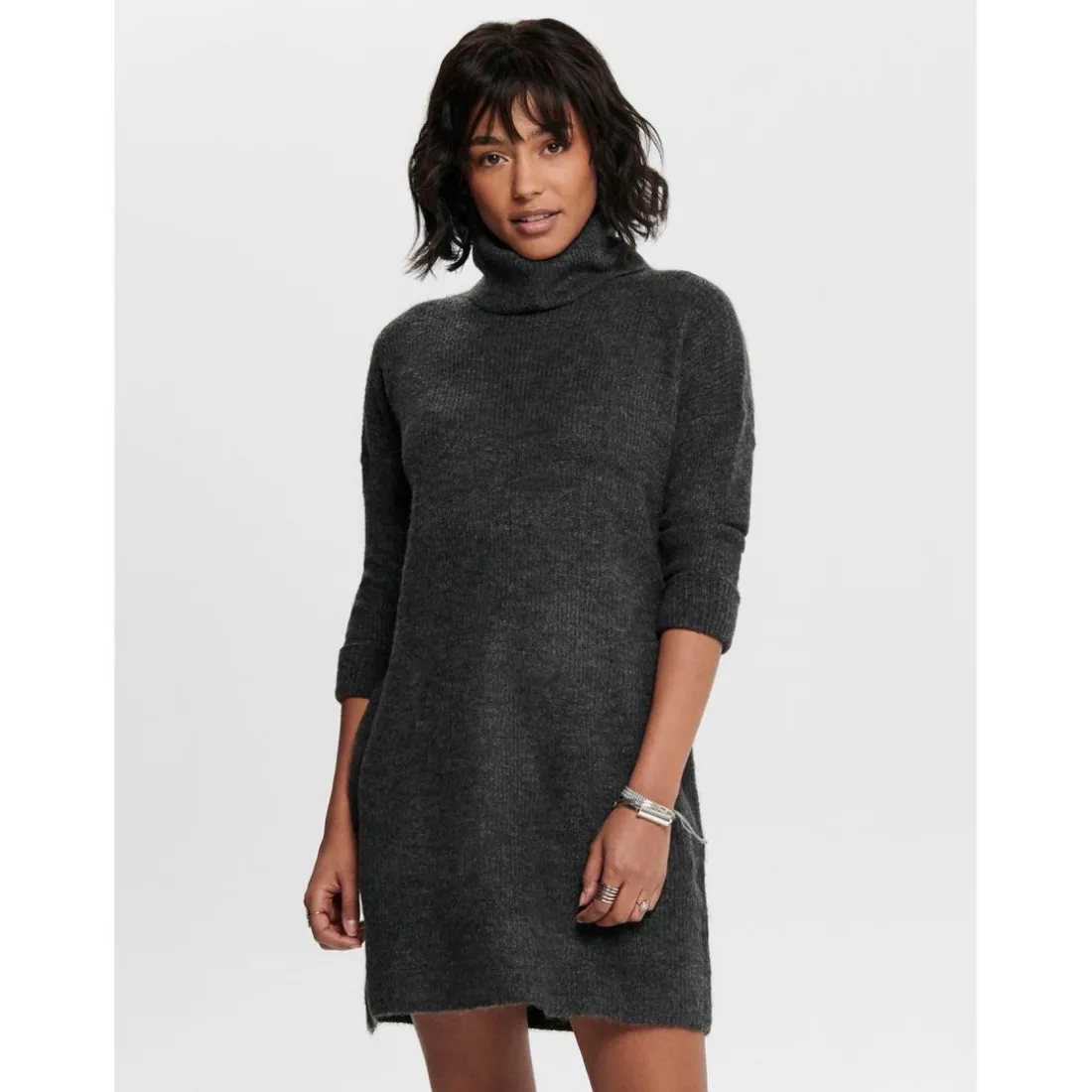 Robe en maille Col bénitier Manches 3/4 Au-dessus du genou gris