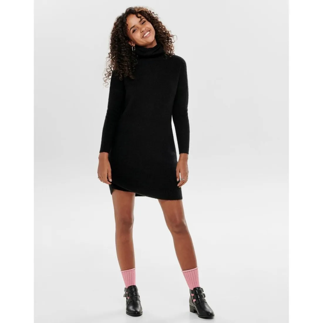 Robe en maille Col bénitier Manches 3/4 Au-dessus du genou noir