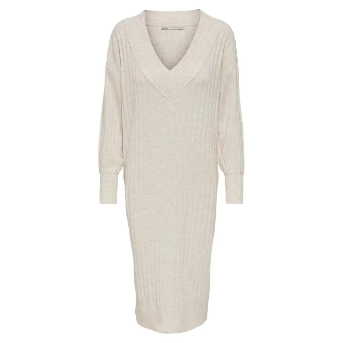 Robe en maille Col en V Manches longues Au-dessus du genou beige