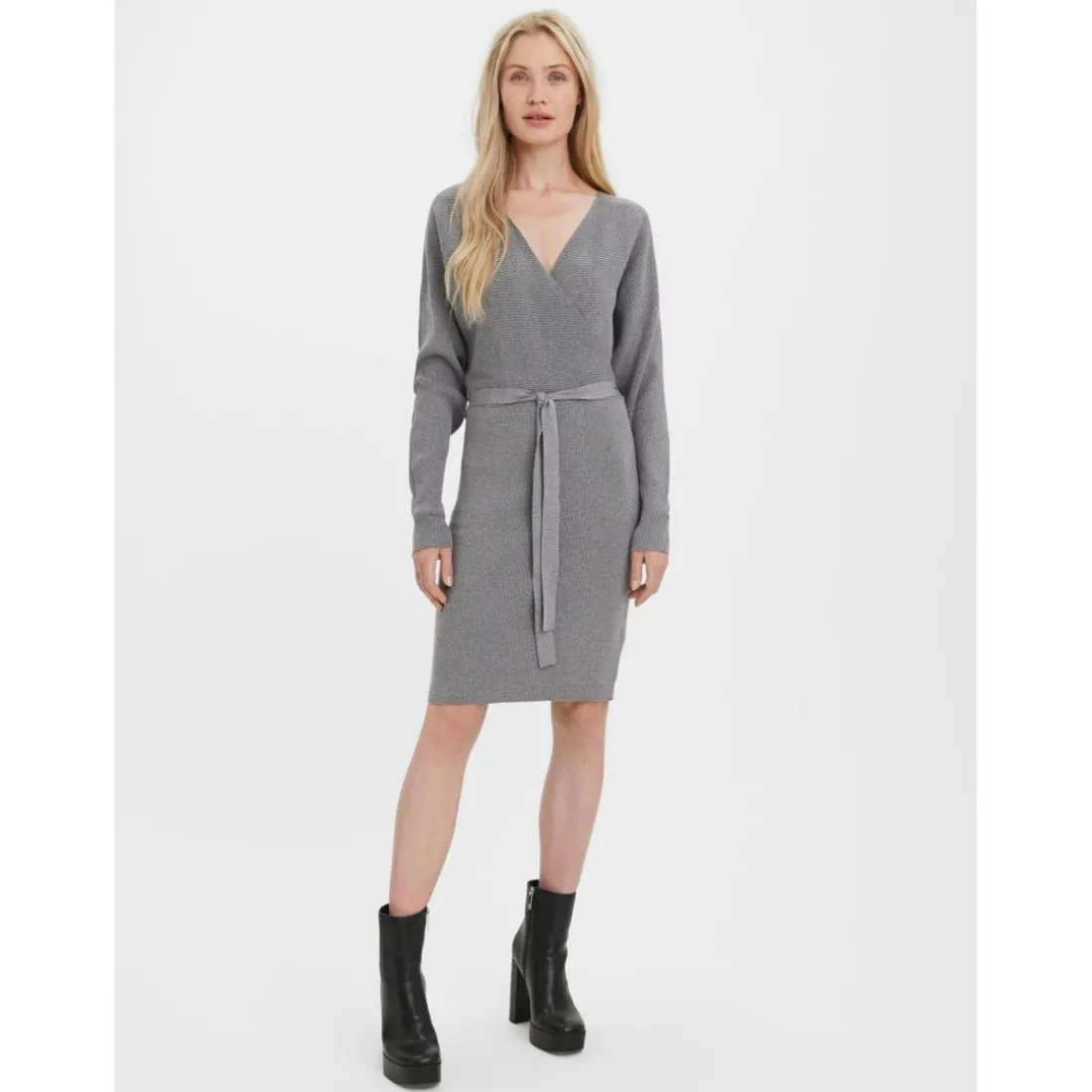 Robe en maille Regular Fit Col en V Manches longues Au-dessus du genou gris