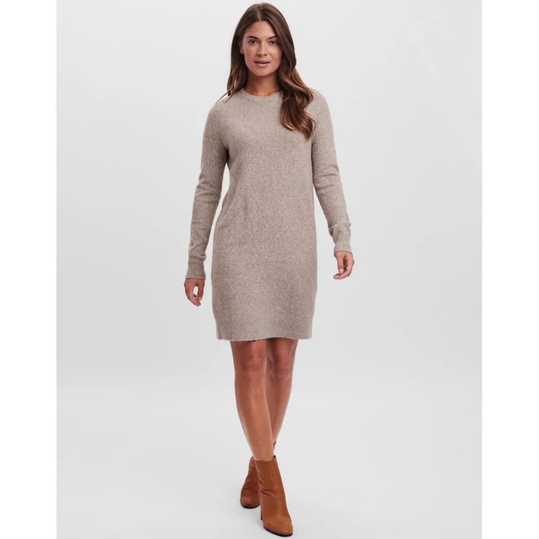 Robe en maille Relaxed Fit Col rond Manches longues Au-dessus du genou marron