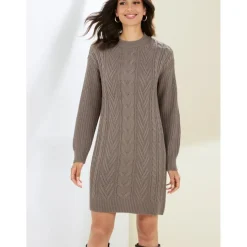 Robe en tricot à manches longues avec motif tressé marron