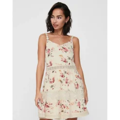 Robe Imprimé all over Col en V Sans manches Dentelle féminine Longueur mini beige