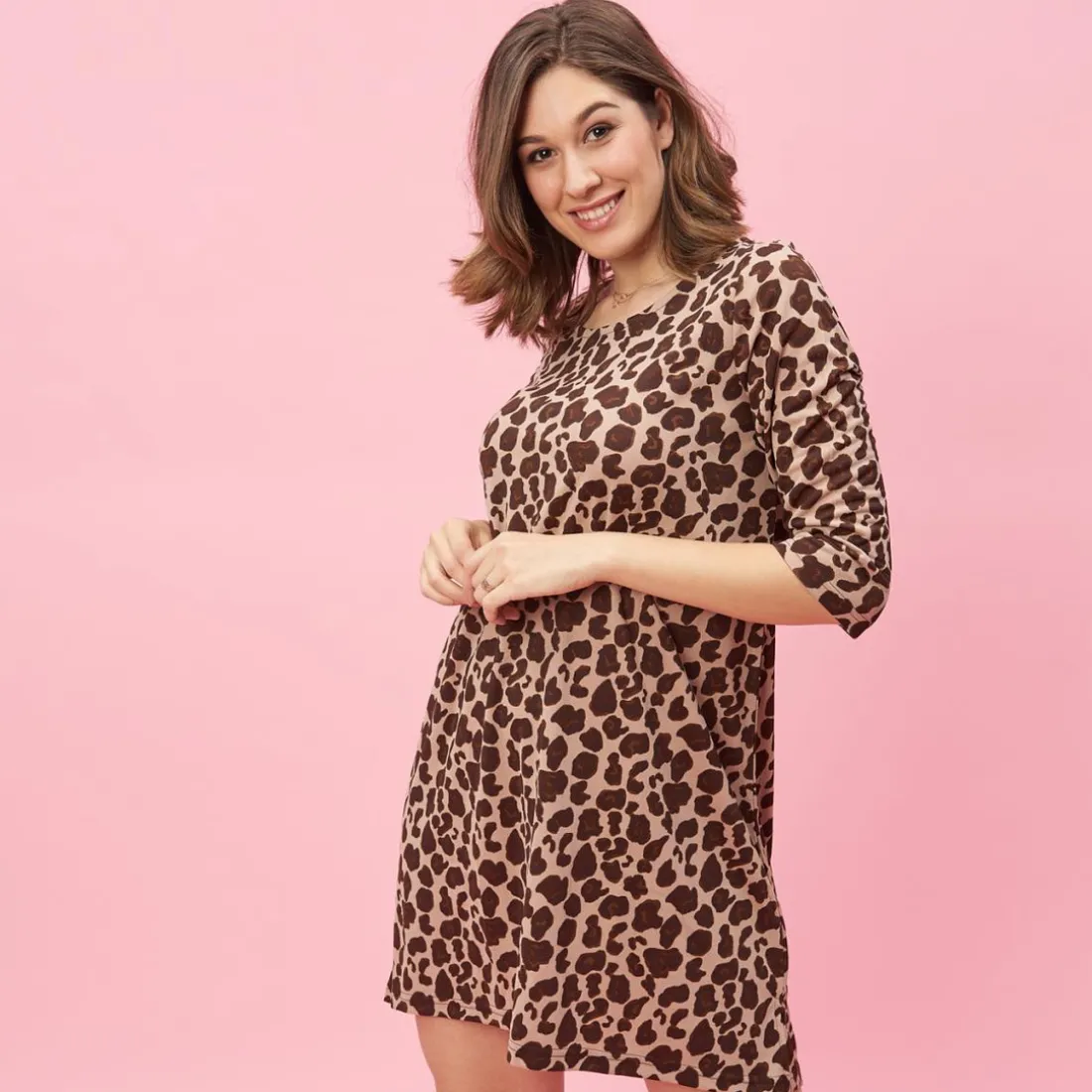 Robe imprimée asymétrique manches 3/4 femme - Marron