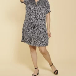 Robe imprimée nid d'abeille manches courtes femme - Imprimé Noir et Blanc en coton