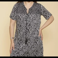 Robe imprimée nid d'abeille manches courtes femme - Imprimé Noir et Blanc en coton