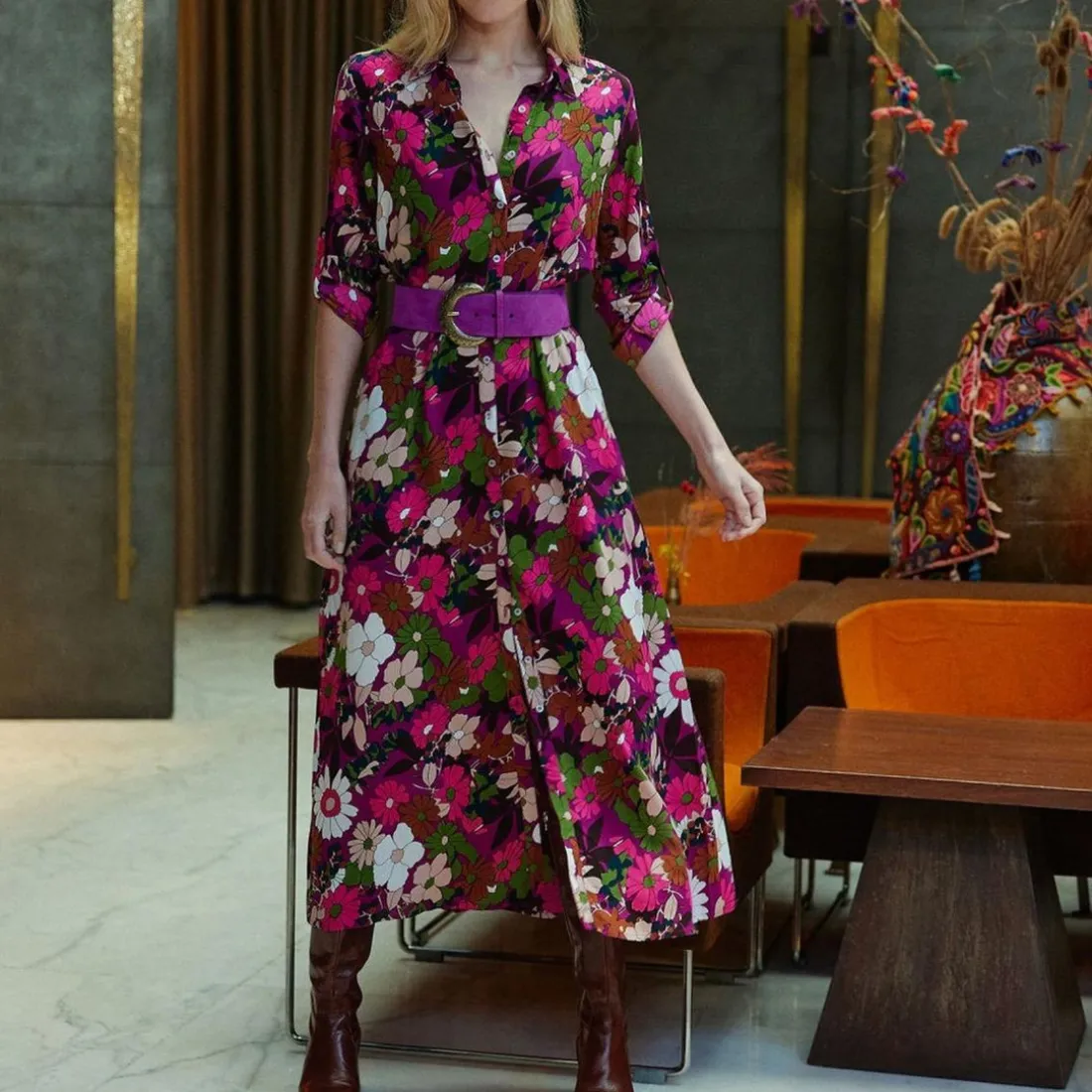 Robe longue BRIAGA fleur rose