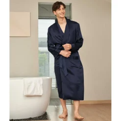 Robe Longue En Soie Luxueuse Classique Pour Homme bleu marine