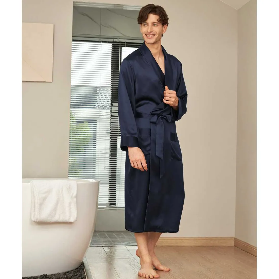 Robe Longue En Soie Luxueuse Classique Pour Homme bleu marine