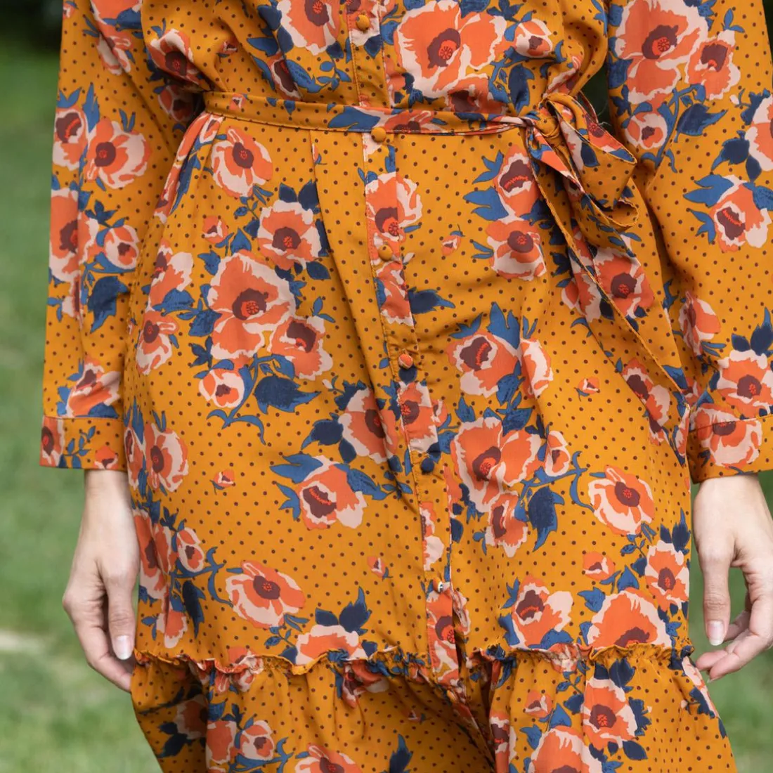 Robe longue fleur pois Molly moutarde en viscose
