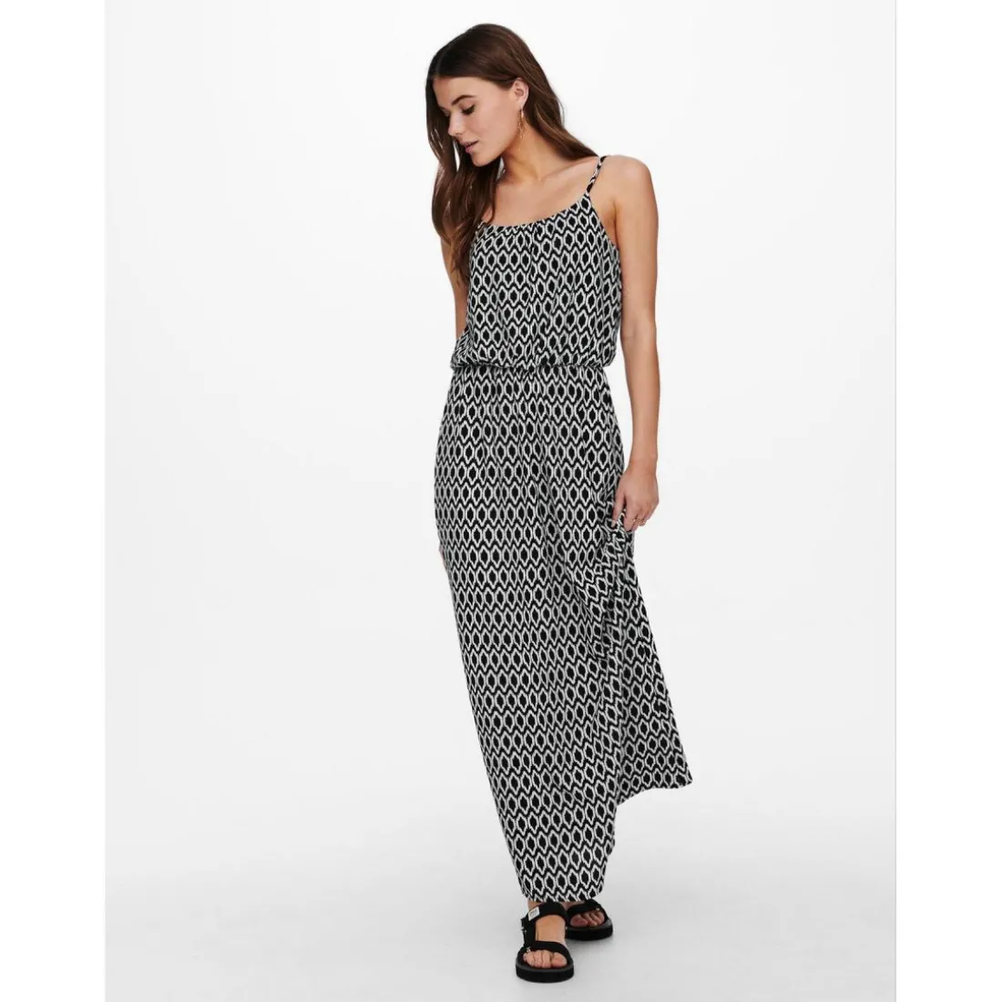 Robe longue Imprimé all over Col en U Sans manches Découpe à la taille Longueur maxi noir Ora