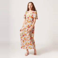 Robe longue imprimée écru
