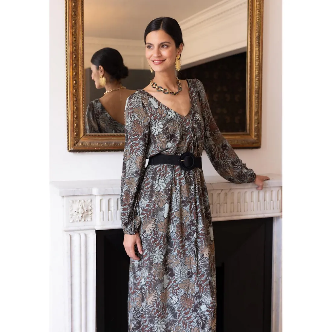 Robe longue imprimée jungle Nancy gris en viscose