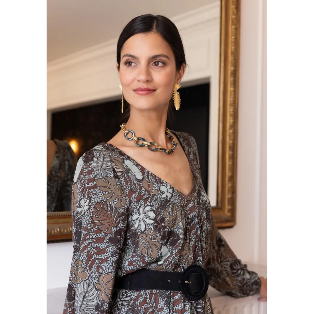 Robe longue imprimée jungle Nancy gris en viscose