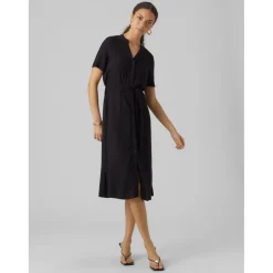 Robe longue Regular Fit Col en V Manches courtes Au-dessus du genou noir Jade
