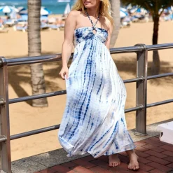 Robe longue RENZA tie&dye en viscose bleu