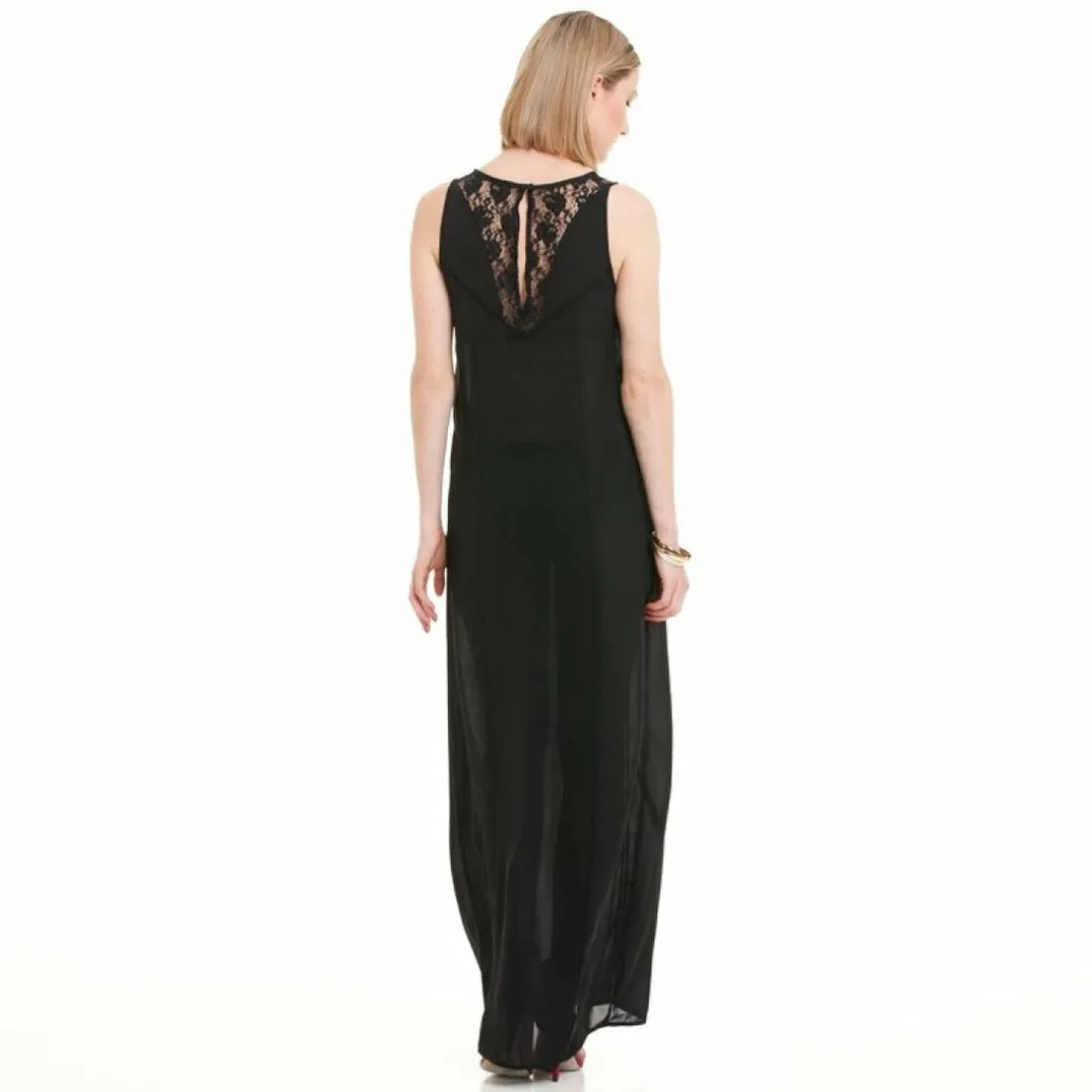 Robe longue sans manches dentelle et galon ajouré femme - Noir