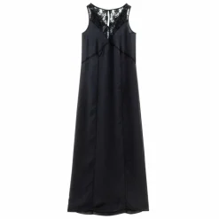 Robe longue sans manches dentelle et galon ajouré femme - Noir