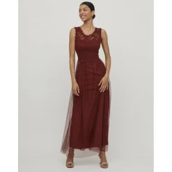 Robe longueur maxi dentelle féminine marron