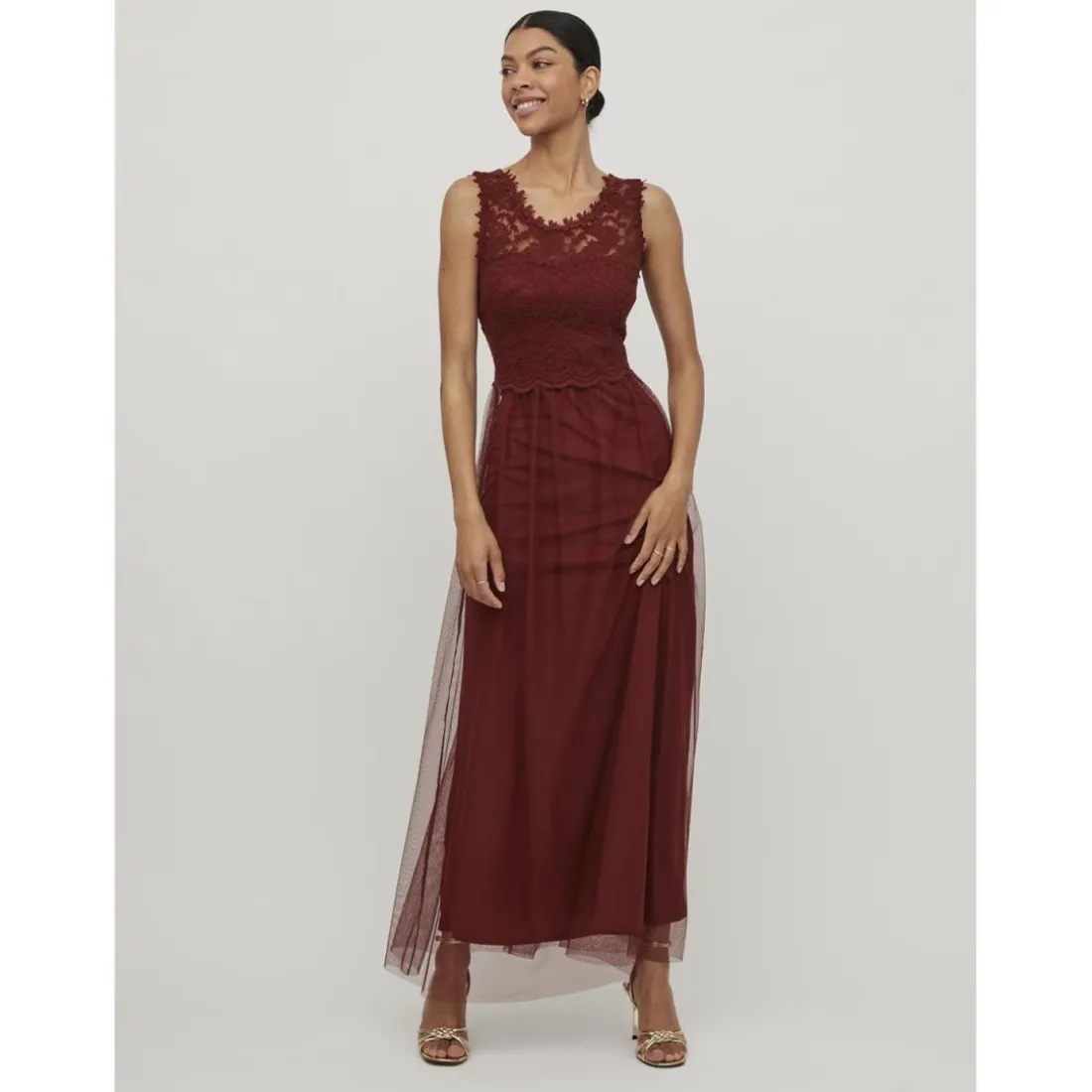 Robe longueur maxi dentelle féminine marron