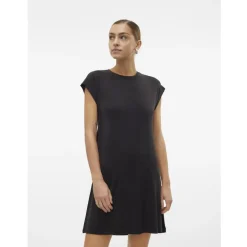 Robe longueur mini col rond manches courtes noir Isa en coton