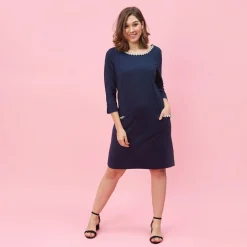 Robe manches 3/4 col rond et poches avec perles fantaisie grandes tailles femme - Bleu Marine