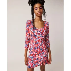 Robe manches 3/4 imprimé fleuri rose