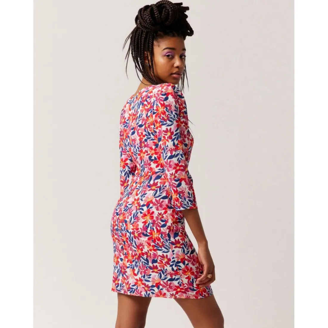 Robe manches 3/4 imprimé fleuri rose