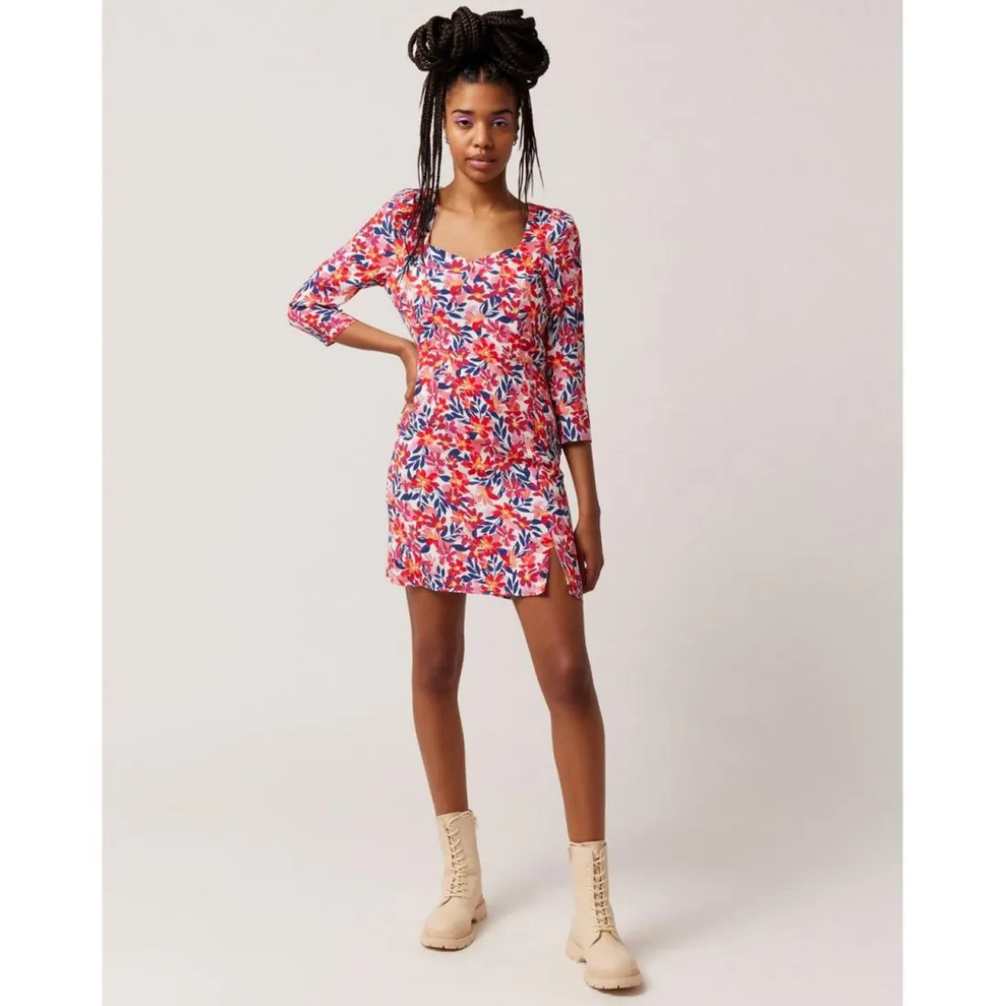 Robe manches 3/4 imprimé fleuri rose