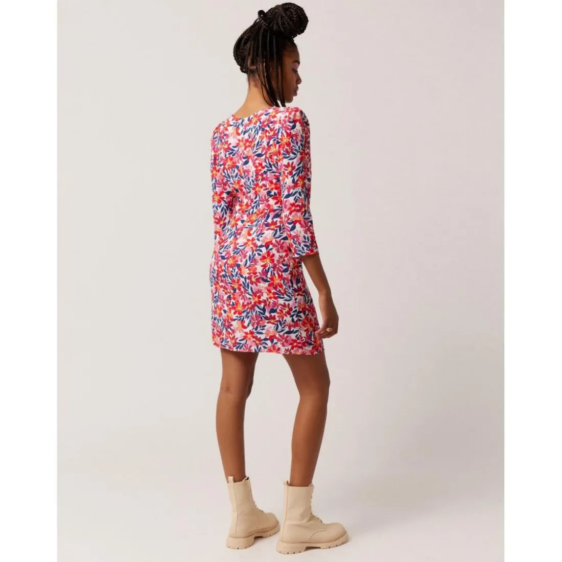 Robe manches 3/4 imprimé fleuri rose