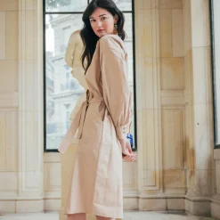 Robe manches longues ceinturée en popeline beige Dali Réédition