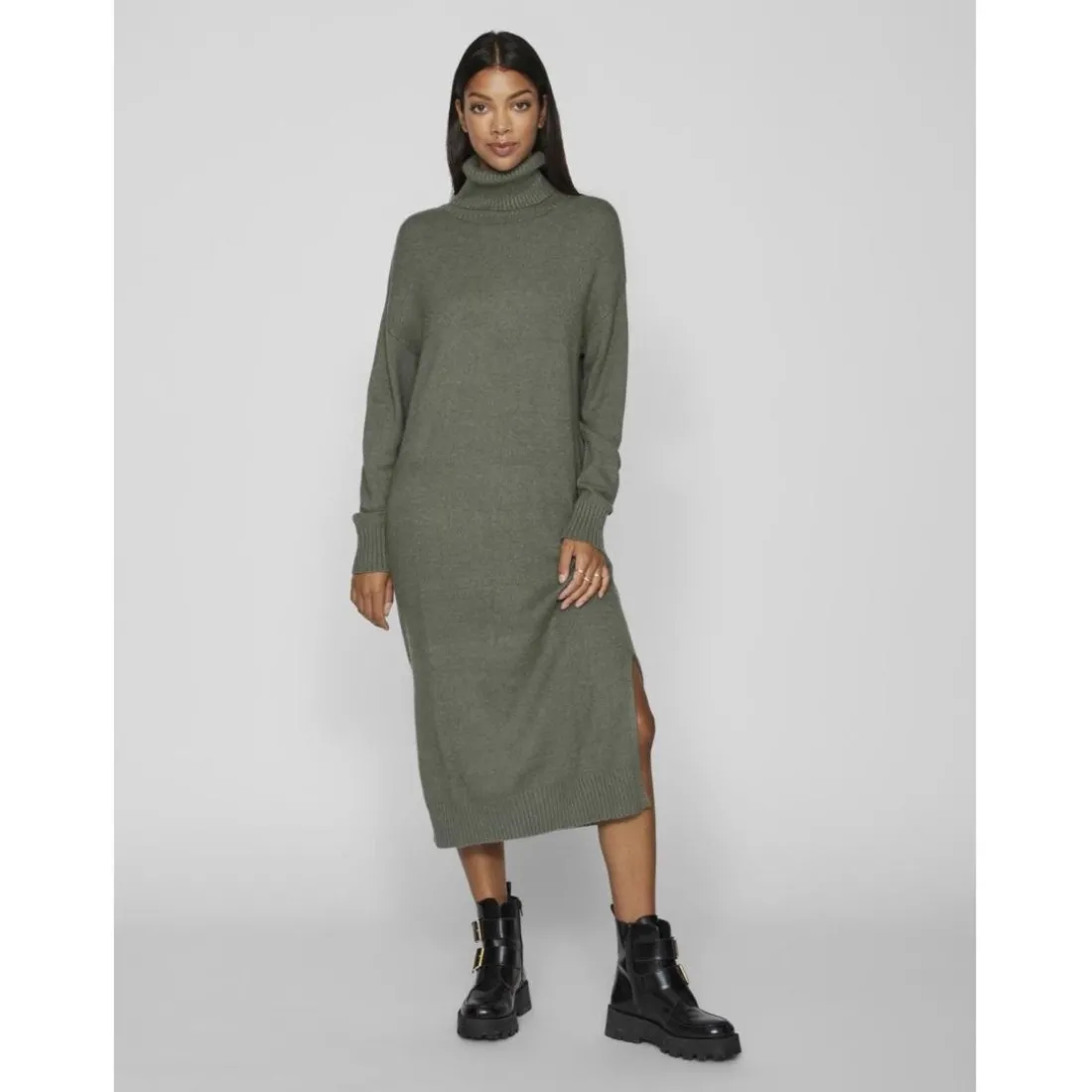 Robe midi manches longues en viscose vert Lou