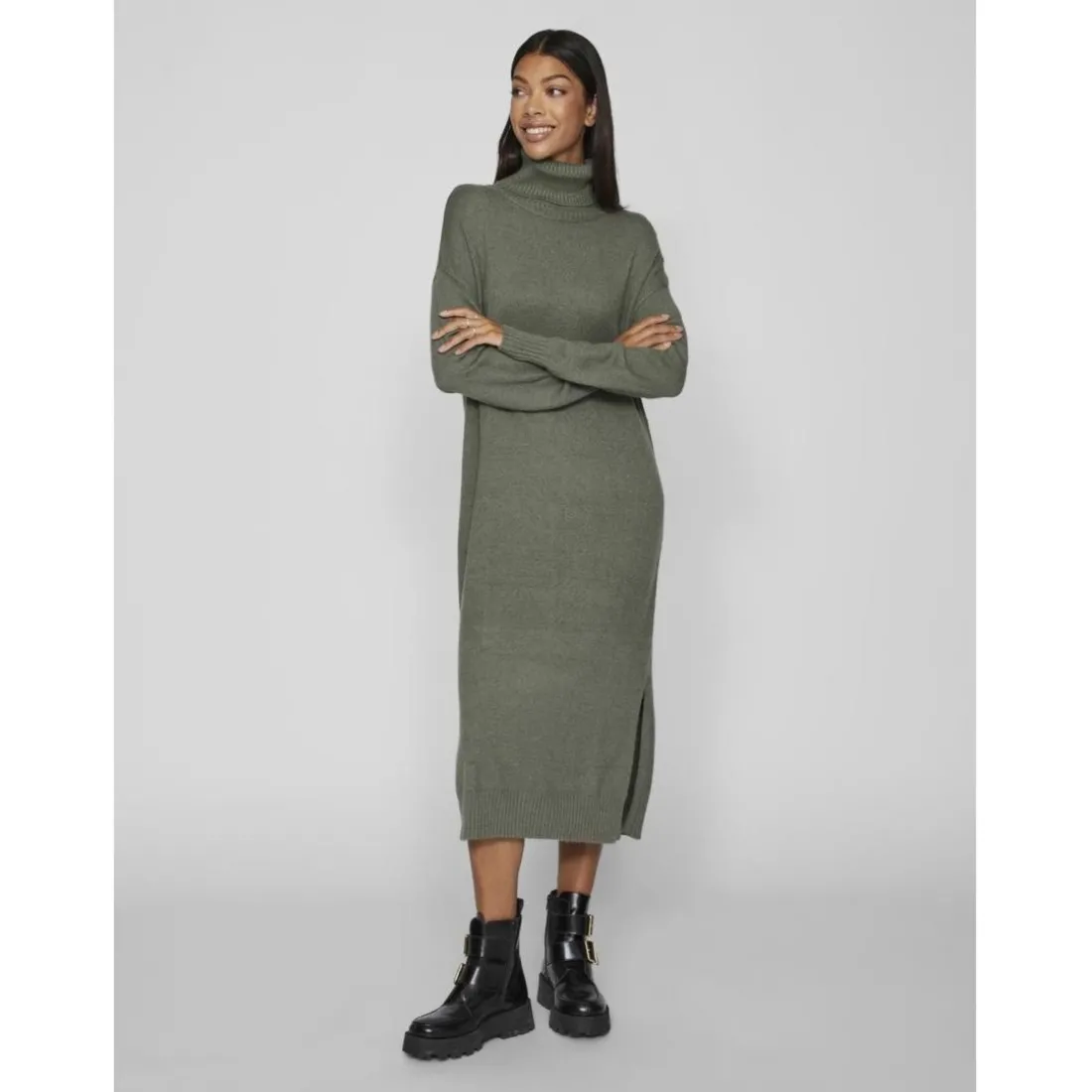 Robe midi manches longues en viscose vert Lou