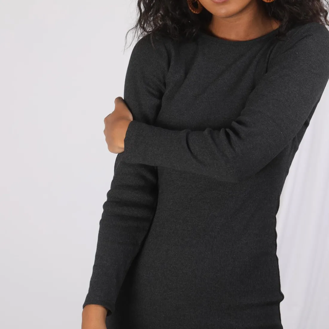 Robe mi-longue en tricot col bateau manches longues femme - Gris Anthracite Chiné