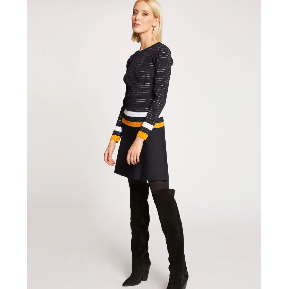 Robe patineuse à bandes contrastantes bleu marine en viscose